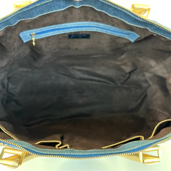 JUNIOR DRAKE Metallic Gold Studded Leather Blue Denim Weekender Oversized Tote - Picture 11 of 16